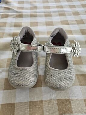 Girls Silver Sparkle Stride Rite Shoes with Flower Strap
